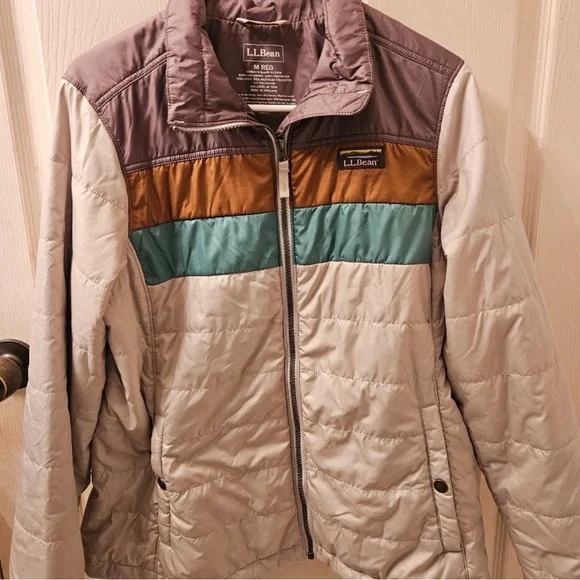 L.L. Bean Women's Cream, Brown, and Blue Puffer Jacket - Picture 2 of 2